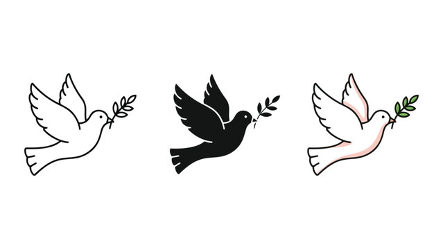 Flying dove with olive branch vector illustration set