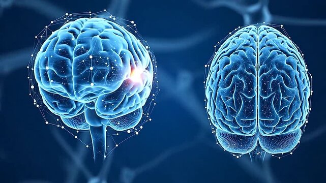 Two glowing blue human brains with neural network connections on a dark