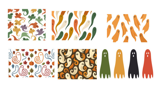 A set of 6 seamless ghost vector patterns in a clean modern style. Includes varied ghost shapes, swirling forms, and simple silhouettes in flat fall colors for seasonal designs and backgrounds.