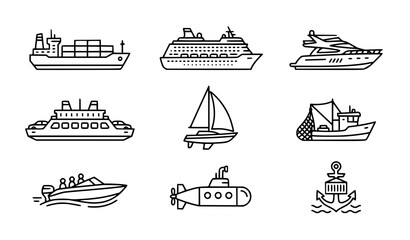 Water transport line icon vector set with ship yacht ferry and cargo symbols © MdRabbi
