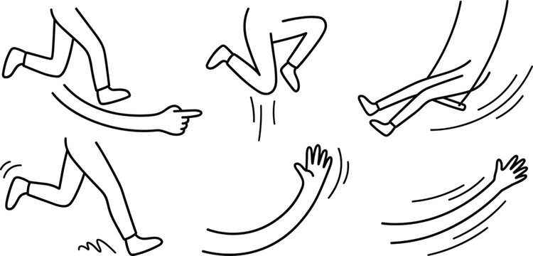 Cartoon movement limbs illustration set, dynamic arms and legs, running jumping actions, comic motion effects, playful character animation vector