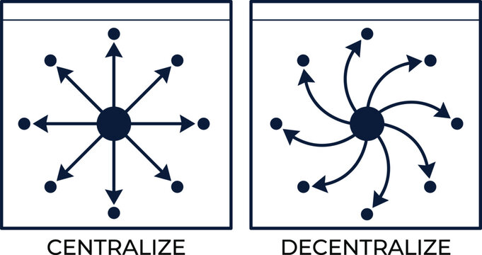 Centralized and decentralized network diagram comparison with arrows and node connections displayed in blue outline vector illustration style