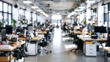 Fototapeta premium Spacious Modern Office Interior with Rows of Desks and Natural Light Creating a Productive Workspace