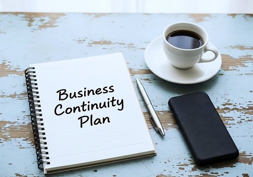 Business continuity plan notebook and coffee on wooden desk