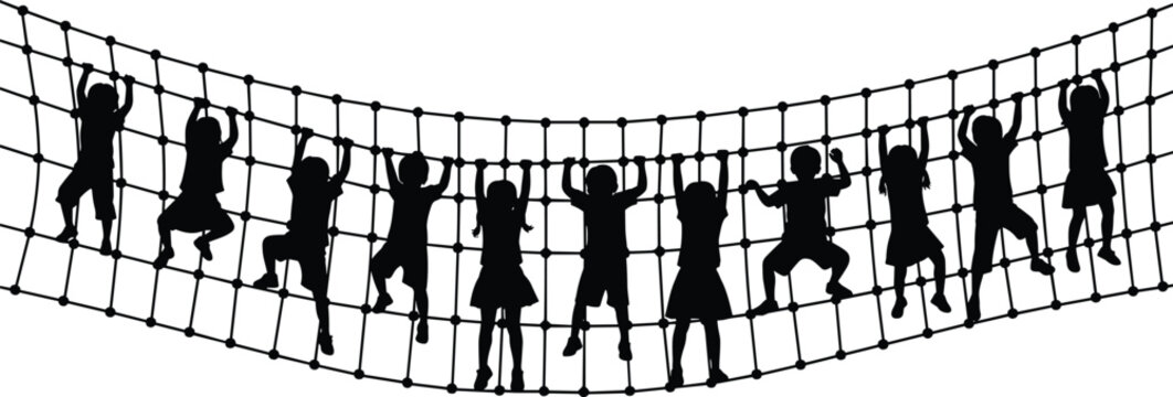 Children Silhouette Playing on Rope Net Playground, Happy Kids Climbing Adventure Activity Vector Illustration for School, Park, Childhood Fun Design