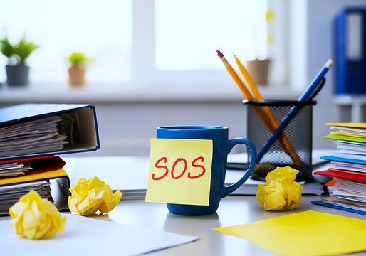 Cluttered office desk with s o s on coffee mug