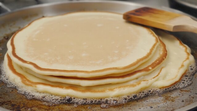 Stacked pancakes cooking on flat griddle