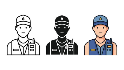 Fototapeta premium Security guard avatar set in line art silhouette and flat color vector illustration