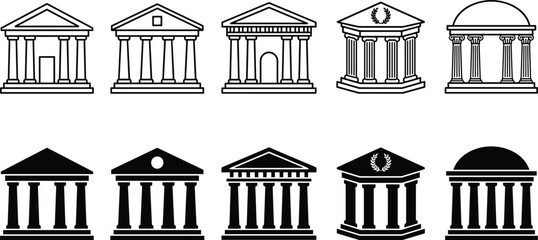Classical government and institutional building icons set, courthouse bank museum temple architecture symbols, neoclassical facades, black outline solid vector illustration © Nafij World