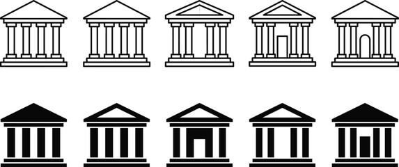 Classical government building icons set, courthouse bank museum architecture symbols, ancient temple facades, black outline solid vector illustration © Nafij World
