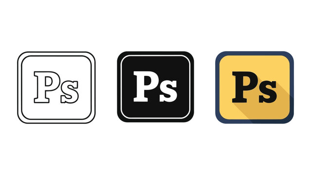 Set of three square application icons with letters Ps in outline solid and flat styles