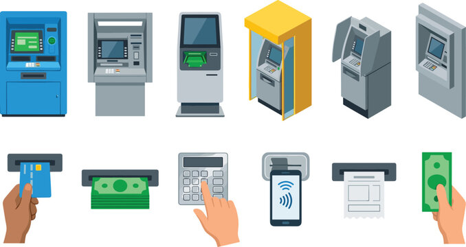 ATM Machine and Cash Withdrawal Banking Elements Collection Featuring Automated Teller Kiosk Card Payment Money Access and Financial Service Vector Illustration Set