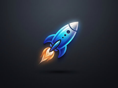 Stylized blue rocket icon with flames shooting upwards, dynamic design