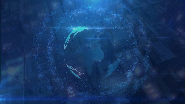 Holographic digital earth map over a blurred blue futuristic city view at night.