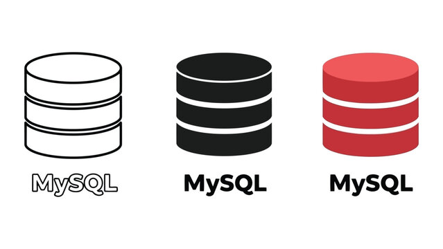 Three database icons in different styles: outline, solid black, and red