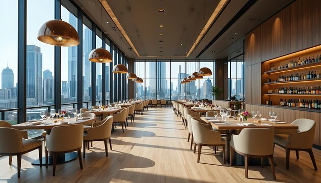 Luxury Modern Restaurant Interior with Large Window Overlooking City Skyline View Wooden Floor Dining Tables set with Wine Glasses Elegant Lighting and Bar Counter Area