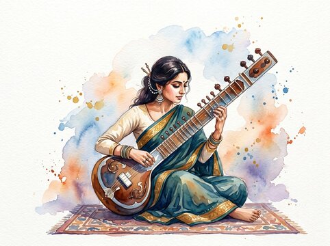 Beautiful Indian Woman Playing Sitar in Traditional Attire on a Rug with Watercolor Background