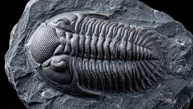 Perfectly preserved trilobite fossil in dark grey matrix with segmented thorax compound eye honeycomb facets and raking cool studio lighting on black
