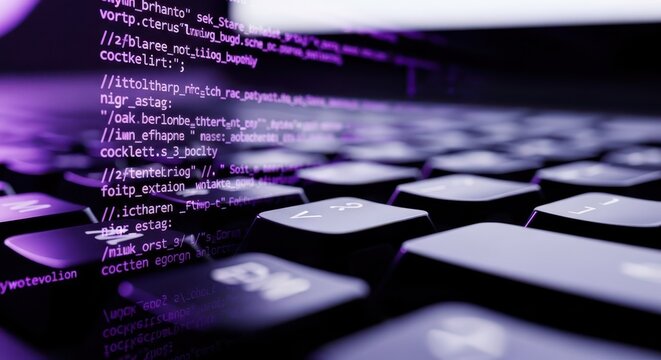 Close-up of glowing purple code on a computer screen above a keyboard, symbolizing programming and technology
