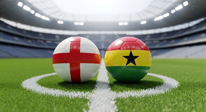 Two footballs featuring flags of England and Ghana on a professional stadium pitch