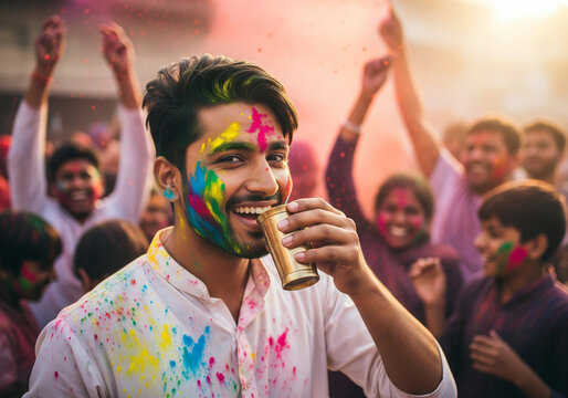 Smiling young South Asian man celebrating Holi festival outdoors, covered in colorful powder and drinking from a cup with a cheerful crowd in the background.