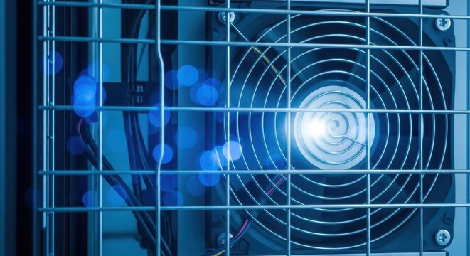 Close-up of a datacenter cooling fan with intricate wiring and blue bokeh lights