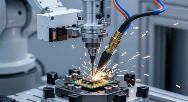 Robotic arm precisely laser welding a microchip for advanced electronics manufacturing