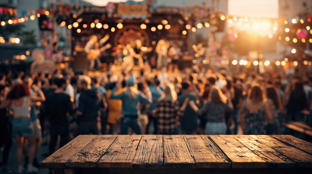 Festive outdoor music festival crowd dancing under warm evening lights with a wooden table in foreground