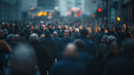 Obraz premium Blurred crowd of people walking on a busy city street at dusk with bokeh lights