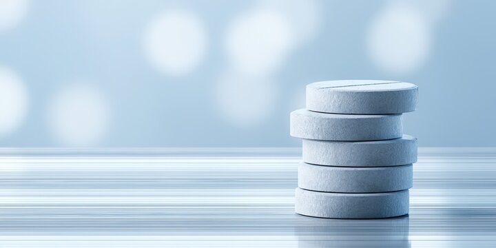 Stack of white round tablets on a reflective surface with bokeh background