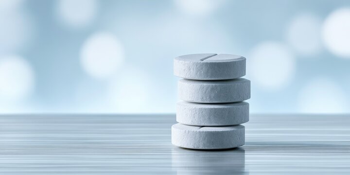 Stack of four white circular pills with a score mark on the top one