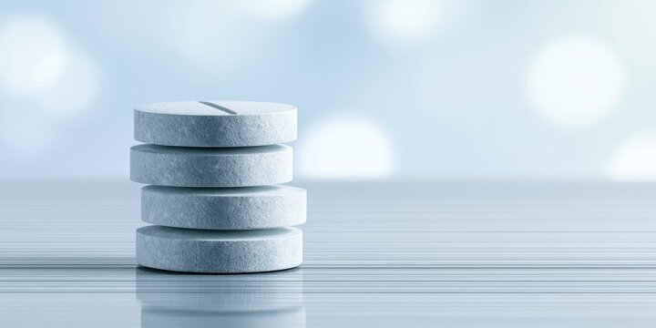 Stack of four white round pills on a reflective surface