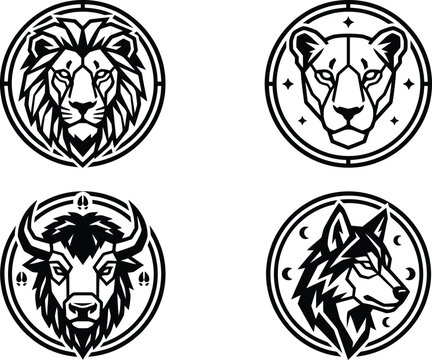 A array of stylized monochromatic animal emblems featuring a lion, a panther, a bison, and a wolf head.