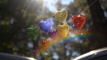 Fototapeta premium Vibrant Rainbow Colored Heart Charms Dangling Outdoors Capturing Sunlight with Bokeh and Lens Flare