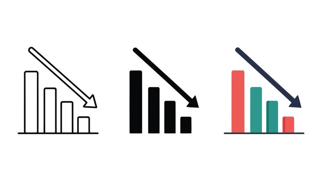 Vector illustration of three bar charts with downward trending arrows