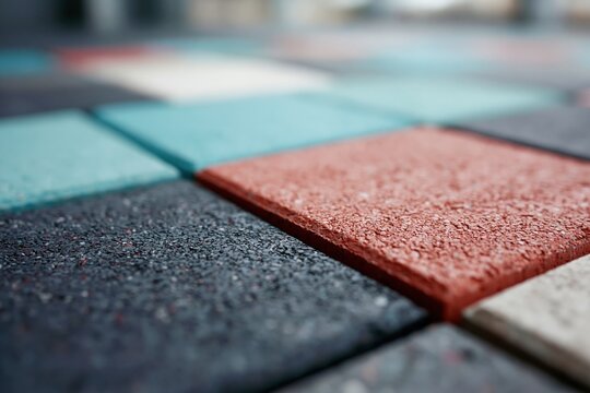 Close-up textured surface of colorful interlocking rubber playground tiles in a grid pattern