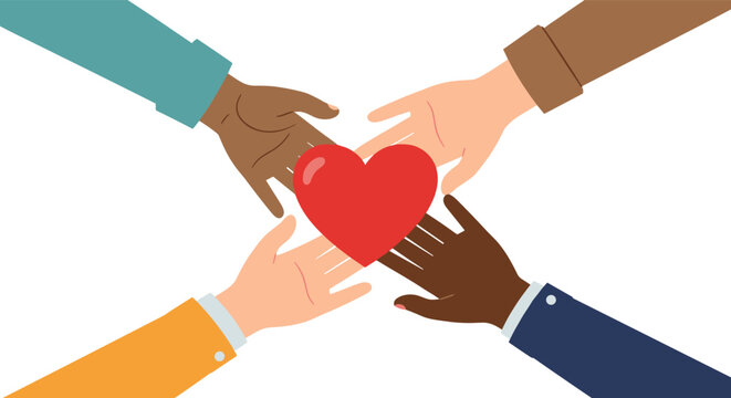 Illustration showing four diverse hands coming together to support a large red heart symbol of love and unity.