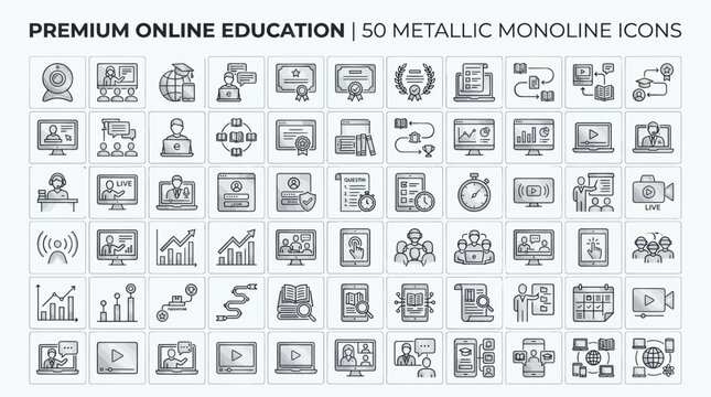 Online Education Metallic Monoline Icons &ndash; Premium E-Learning Vector Collection