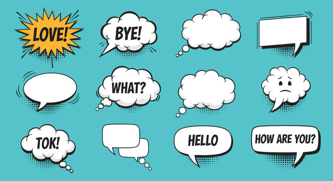 Comic book speech bubbles and clouds with expressive text words on a turquoise background for design projects.