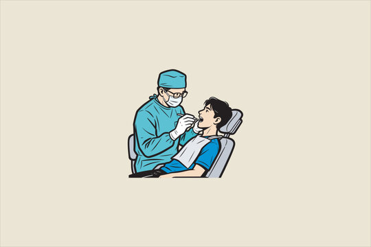 Professional dentist examining a young male patient teeth on a dental chair. Healthcare, tooth medical checkup, and stomatology clinic vector cartoon isolated on light background. Vector illustration.