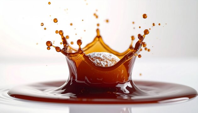 Mochi Ball Dropping into Dark Maple Syrup Pool