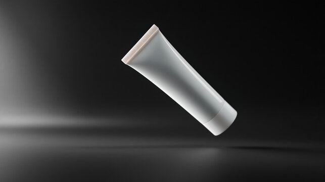 Clean White Cosmetic Tube Floating in Dramatic Spotlight on Dark Studio Background