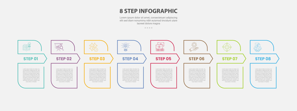 8 points template infographic outline style with 8 point stage or step template with round rectangle box with arrow header badge for slide presentation
