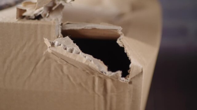 Close look at damaged cardboard box during unpacking
