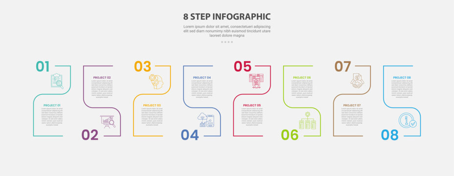 8 points template infographic outline style with 8 point stage or step template with upside down creative line divider separator for slide presentation
