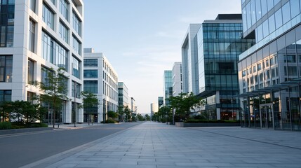 Obraz premium Modern Office Buildings and Wide Paved Street in a Contemporary Business District