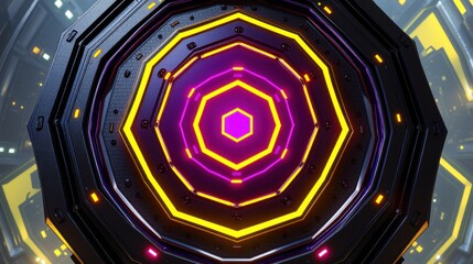 Obraz premium Hexagonal tunnel, vibrant neon lights, dark background. Concentric shapes create depth, futuristic design. Glowing purple center draws attention.