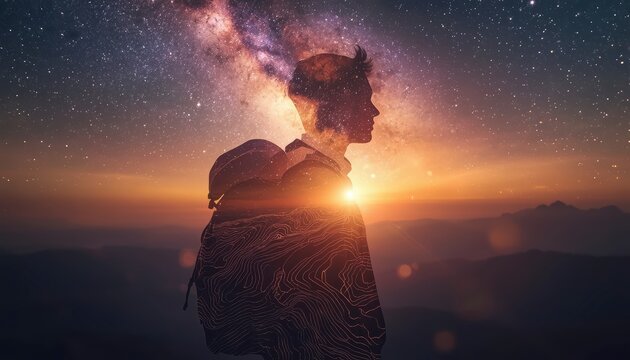 Artistic multiple exposure silhouette of an explorer profile combined with a colorful cosmic nebula and topographic map lines. Concept of discovery, space travel, and human mind.