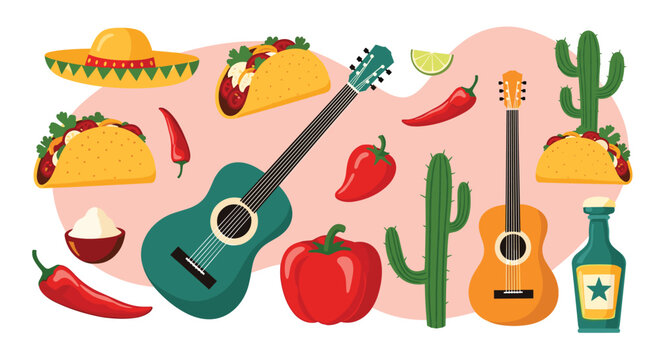 Selection of traditional Mexican cultural items including tacos, guitars, sombreros, spicy chili peppers, and cacti.