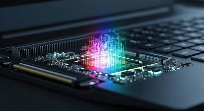 Close-up macro shot of a glowing abstract digital data stream emanating from a computer circuit board
